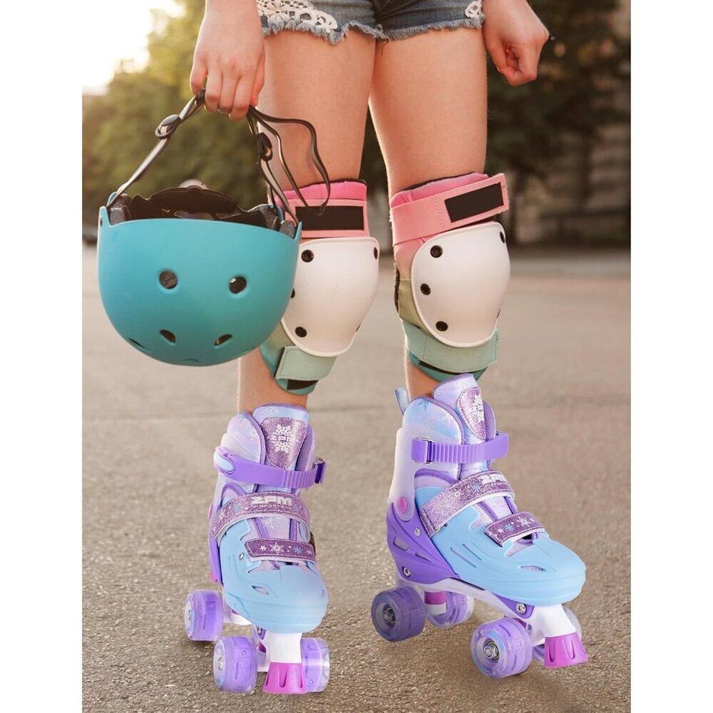 Kids Purple Blue Light Up Wheels Adjustable Youth Plastic Roller Skates Shoes - Picture 6 of 8